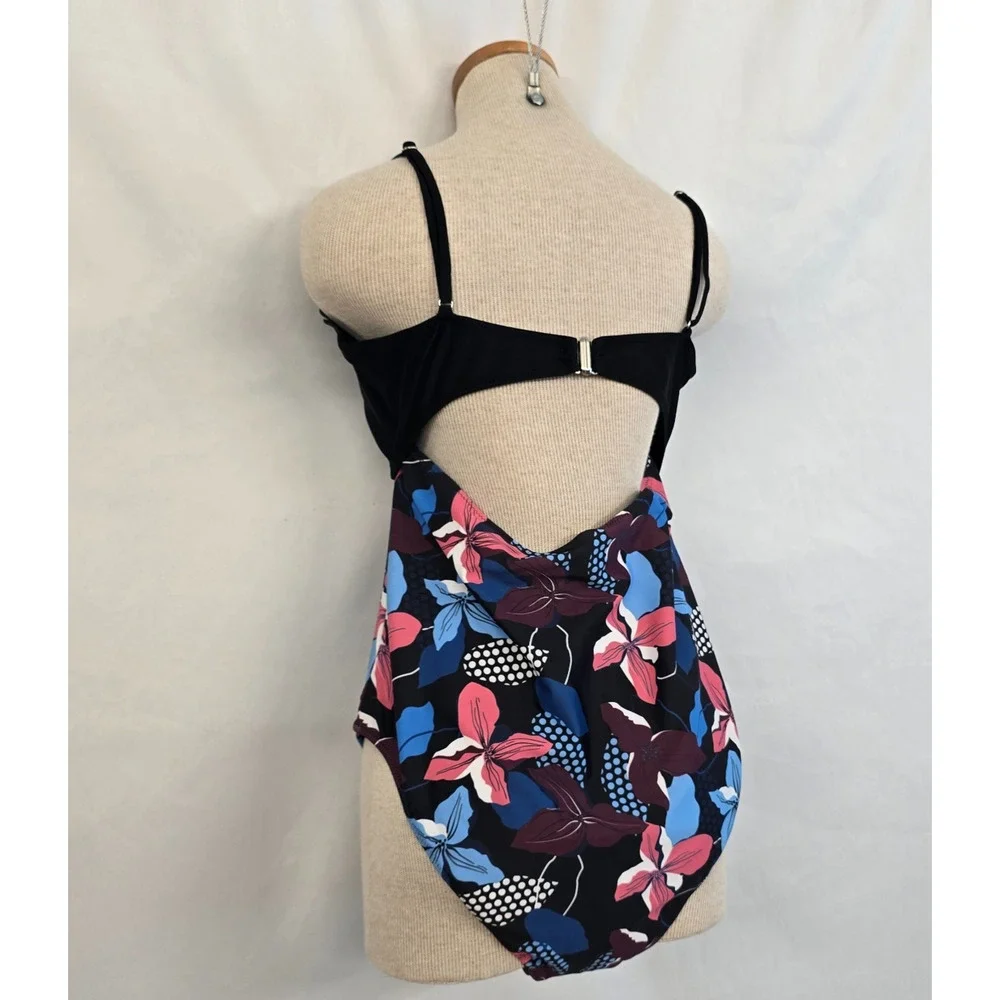 Cupshe One Piece Knotted Front Swimsuit Women's XXL Black Floral Scalloped NWOT